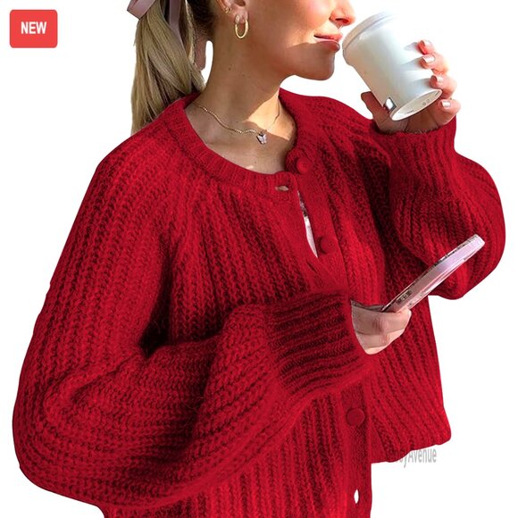 Chunky Knit Cardigan Sweater Long Sleeve Button Open Front Y2K Casual